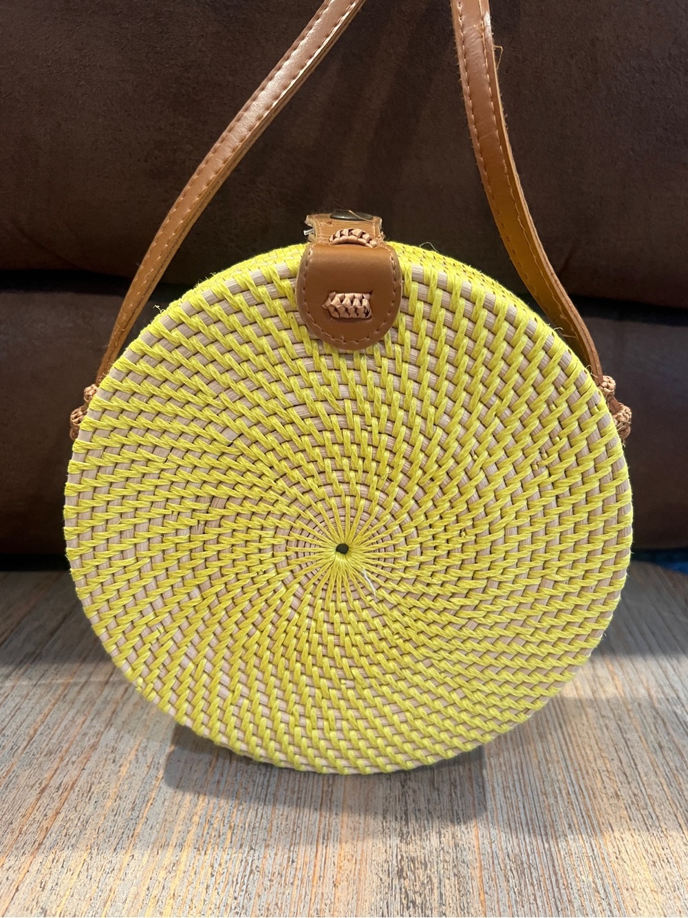 Boho Round Rattan Crossbody Bag Purse yellow Blue Bali Wicker Straw Beach/Summer - Picture 3 of 12